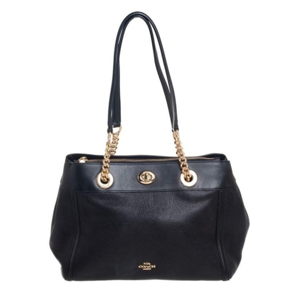 Coach Black Leather Turnlock Edie Carryall Shoulder Bag Purse Gold Chain Details